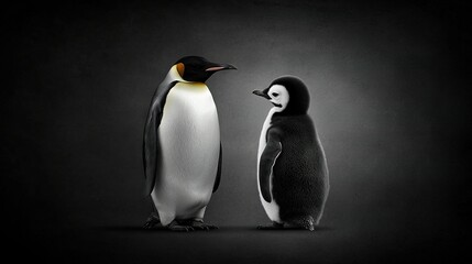 Fototapeta premium A duo of penguins share space on a monochrome backdrop, one penguin gazing at the other