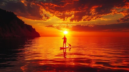 Sunset silhouette of a person paddling on the water during golden hour. Generative AI
