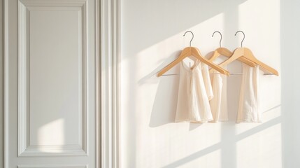 Clothing hangs on wood hangers attached to white wall near door