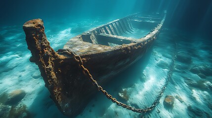Naklejka premium Sunlit shipwreck rests on ocean floor, shallow water, sandy bottom