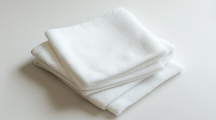 Stack of square white cotton cloths resting on a plain, light background