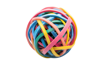 A vibrant rubber band ball on a smooth white surface, displaying a fun mix of colors isolated on transparent background