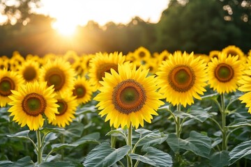 Fototapeta premium sunflower field, with vibrant yellow heads tracking the afternoon sun