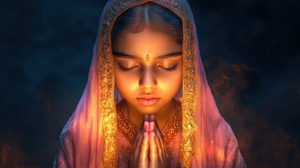 Indian woman in pink sari cloth praying and greeting during Diwali celebration, watercolour illustration