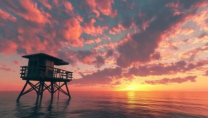 A long shot of a lifeguard tower against the backdrop of a vibrant sunset sky, with the ocean stretching out before it.
