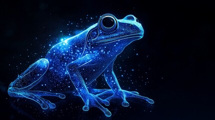 A glowing blue frog against a dark background, exuding a mystical aura.