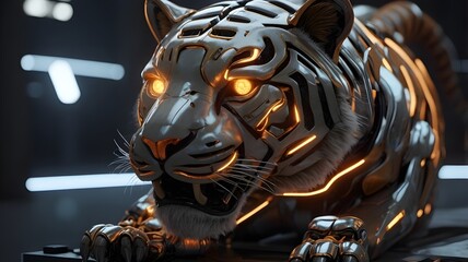 AI GENERATE, A robotic tiger with a sleek metallic design, glowing eyes,