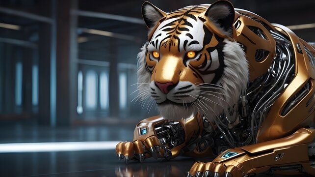 AI GENERATE, A robotic tiger with a sleek metallic design, glowing eyes,