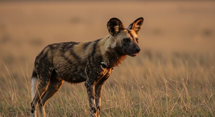 Fototapeta premium African wild dog standing majestically in golden grasslands at sunset, exuding a sense of alertness and grace