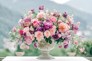 Obraz premium Luxurious bouquet of pink and purple flowers in a stone vintage vase