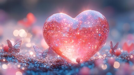 Obraz premium Shimmering Heart Mirror with Glowing Butterflies in a Surreal Cosmic Scene. Generative AI
