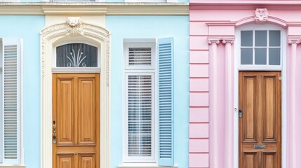 Naklejka premium Colorful doors on historic row houses in Charleston, South Carolina, against the clear sky