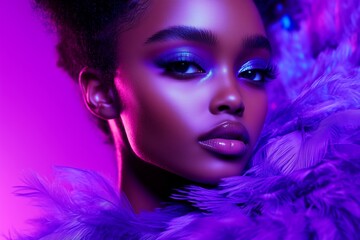 Timeless Elegance in Purple – A poised model in a flowing deep violet gown, standing against a moody, monochromatic backdrop