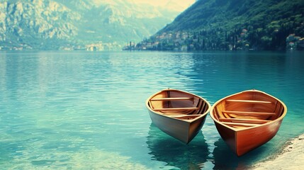 Obraz premium Two boats bob on a lake beside lush green grass and towering trees