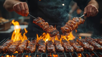 BBQ Chefs Working Together to Flip Steaks on a Hot Grill. Generative AI