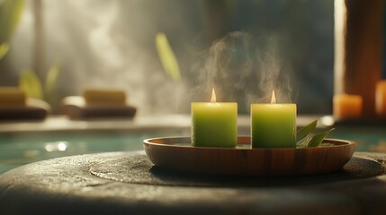   A few candles on a wooden plate beside a green-leafed candle stand