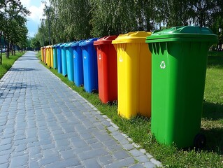 Colorful bins line a park path, recycling system