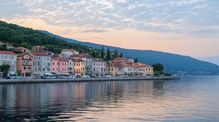 Fototapeta premium Serene Sunset over the Coastal Town 
