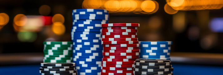 Stacks of poker chips in various colors sit on a blue gaming table, illuminated by warm, blurred background lights, hinting at a casino environment.
