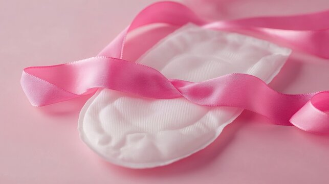 Pad with pink ribbon on pink background. Feminine hygiene product still life