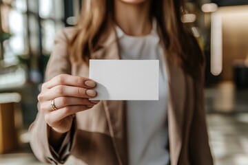 Business professional in a beige suit holding a blank white business card in a modern office. Ideal for branding, corporate identity, networking, and marketing concepts