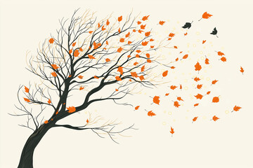 Windy Day Tree with Falling Leaves