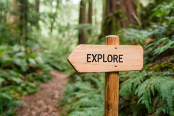 An arrow-shaped wooden sign reads "EXPLORE," beckoning adventure on a nature trail amidst a lush green forest. Discover new paths and hidden wonders.