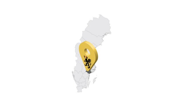 Location Sodermanland County on map Sweden. 3d Sodermanland  County  flag map marker location pin. Map of Sweden showing different parts. Sweden. 4K.  Animated Video