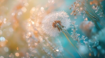 Dandelion Seed Head in Meadow. Light shines creating bokeh. Turquoise & gold backdrop