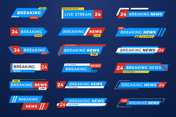 Breaking news banners with modern typography and bold colors. TV broadcasts, live streaming, and media presentations