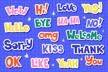 Colorful sticker style words with bold typography on a blue background. Social media, messaging apps concept