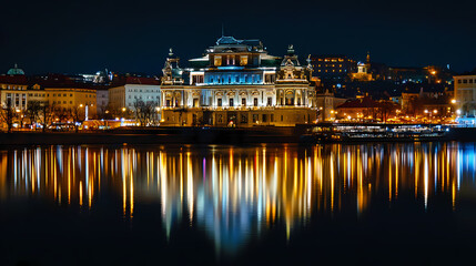 Fototapeta premium A striking nighttime view of theatre vltava lit with festive lights, with its reflection shimmering on the vltava river. Reflection - Mirror. Illustration