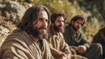 Fototapeta premium Close up portrait of jesus teaching his disciples on a mountain about faith and spirituality