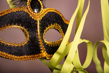 Carnival mask, beautiful carnival mask surrounded by serpentine, selective focus.