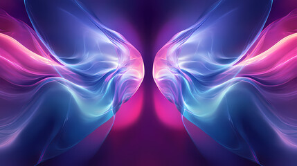 Fototapeta premium A vibrant abstract image showcasing colorful waves of light in purple, blue, and pink, creating a dynamic, fluid visual effect. Reflection - Mirror. Illustration