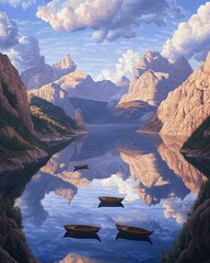   A painting of a mountain lake with three boats floating on the water and mountains in the background, adorned with fluffy clouds in the sky