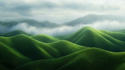 Fototapeta premium A stunning depiction of rolling green hills dotted with tall, snow-capped mountains in the background, framed by wispy white clouds drifting across a clear blue sky