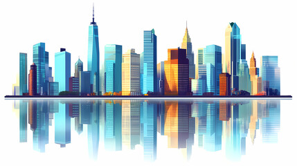 Fototapeta premium Cityscape illustration with skyscrapers at the waterfront isolated on a white background. Reflection - Mirror. Illustration