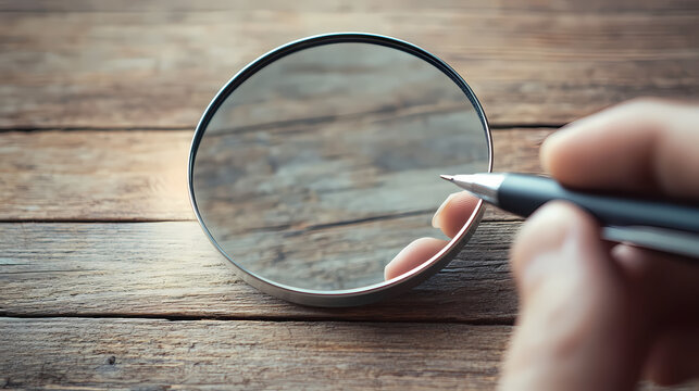 Close-up of a person writing about ethics in a journal, capturing the personal reflection and internal conflict associated with moral relativism. Reflection - Mirror. Illustration