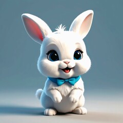 Obraz premium Cute White Bunny with Blue Bow Tie - 3D Cartoon Character