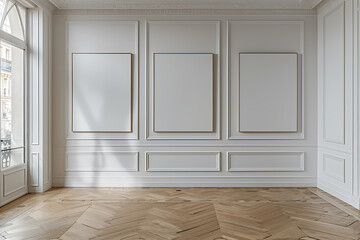 Obraz premium interior design concept, close-up of three empty x picture frames hung on a white wall in a vacant paris apartment, captured in high resolution