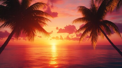 A vibrant sunset over a calm ocean with silhouetted palm trees on each side