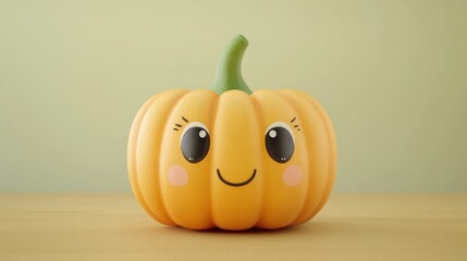 Smiling pumpkin character on table against green background