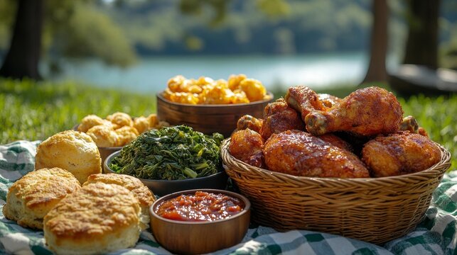 Juneteenth Picnic Feast with Fried Chicken Biscuits and Collard Greens in the Park. Generative AI