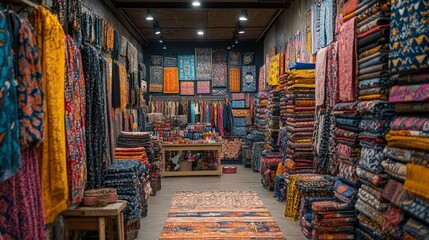 Vibrant Display of African Fabrics and Traditional Items in a Colorful Marketplace. Generative AI
