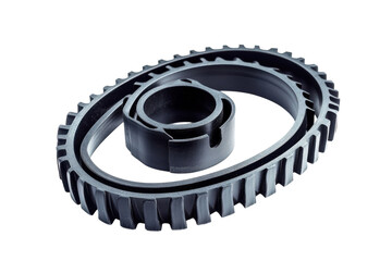 Detailed view of a sleek black timing belt and pulley set for automotive engines isolated on transparent background