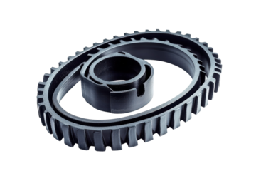 Detailed view of a sleek black timing belt and pulley set for automotive engines isolated on transparent background