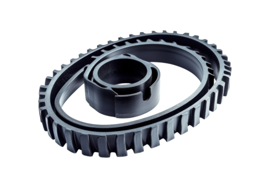 Detailed view of a sleek black timing belt and pulley set for automotive engines isolated on transparent background