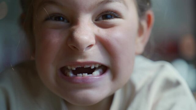 Joyful child expressing playful intensity with a wide grin and happy laughter
