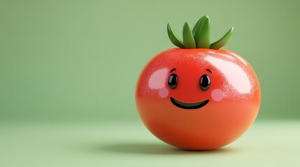 Cartoon tomato character smiling on light green surface with a soft focus light green background
